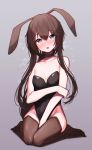  1girl absurdres amiya_(arknights) animal_ears arknights beudelb black_legwear black_leotard blue_collar blush breasts brown_hair collar commentary eyebrows_visible_through_hair full_body grey_eyes highres korean_commentary leotard long_hair looking_at_viewer open_mouth playboy_bunny rabbit_ears sidelocks simple_background sitting small_breasts solo strapless strapless_leotard thighhighs very_long_hair wariza 