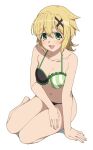  1girl akatsuki_kirika bikini black_bikini blonde_hair breasts cleavage frilled_bikini frills green_eyes looking_at_viewer medium_breasts multicolored_bikini multicolored_clothes navel open_mouth senki_zesshou_symphogear short_hair simple_background sitting smile solo striped striped_bikini swimsuit tsukamoto_kensuke white_background 