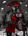  1girl bad_id bad_twitter_id bangs black_hair black_legwear bow brown_eyes camera camera_around_neck cookie_(touhou) cowboy_shot detached_sleeves dress floating_eye fumei_unknown hair_bow hair_over_one_eye hakurei_reimu holding holding_pen long_hair looking_at_viewer mask monochrome_background mouth_mask official_art pen red_bow red_dress signature sketch sleeveless sleeveless_dress solo stylus tablet_pc thighhighs touhou very_long_hair white_sleeves yuyusu_(cookie) 