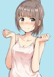  1girl bangs betock blue_background blunt_bangs blush breasts brown_eyes brown_hair camisole cleavage closed_mouth collarbone eyebrows_visible_through_hair highres looking_to_the_side medium_breasts original sleeveless solo spaghetti_strap sweatdrop upper_body wavy_mouth white_camisole 