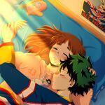  1boy 1girl all_might bed bed_sheet boku_no_hero_academia brown_hair closed_eyes couple dekiru_46 green_hair hetero highres midoriya_izuku pajamas sleeping sunlight thirteen_(boku_no_hero_academia) uraraka_ochako 