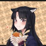  1girl animal_ear_fluff animal_ears arknights artist_name bangs black_hair blush brown_eyes burger dog_ears ears_down eating eyebrows_visible_through_hair facial_mark fingerless_gloves food food-themed_background food_on_face forehead_mark gloves hair_ribbon heart heart-shaped_pupils highres holding holding_food long_hair looking_at_viewer parted_bangs purple_gloves ribbon saga_(arknights) shoukkun25 signature solo symbol-shaped_pupils tress_ribbon upper_body wrapper yellow_ribbon 