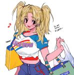 1girl bag bangs blonde_hair blush crop_top eighth_note eyebrows_visible_through_hair highres holding holding_bag long_hair midriff musical_note open_mouth original parted_bangs print_shirt rainbow shirt short_sleeves simple_background smile solo soreeyu_(sore-yu) symbol-only_commentary twintails upper_body white_background 