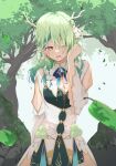  1girl antlers branch breasts ceres_fauna cleavage diamond_(gemstone) dress flower green_dress green_hair hair_flower hair_ornament highres hololive hololive_english large_breasts leaf long_hair one_eye_closed smile solo tefsora tree virtual_youtuber yellow_eyes 