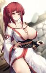  1girl bare_shoulders breasts cleavage collarbone cowboy_shot ddangbi hand_on_hip highres japanese_clothes kimono large_breasts long_hair long_sleeves looking_at_viewer obi original ponytail red_eyes red_hair sash sheath sheathed sidelocks smile solo sword weapon white_kimono wide_sleeves 