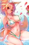  1girl animal_ears bikini blonde_hair breast_tattoo breasts chest_tattoo cleavage commentary_request eyebrows_visible_through_hair fang fox_ears fox_tail halterneck highleg highleg_bikini highres large_breasts long_hair looking_at_viewer original ponytail red_eyes smile solo string_bikini swimsuit tail tattoo wisespeak 