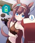  1girl 1other ahoge arm_hug bangs bare_arms bare_shoulders battery_indicator blue_eyes blurry blurry_background blush breasts brown_hair cleavage closed_mouth collarbone commentary depth_of_field dumbbell eyebrows_visible_through_hair grey_hairband hair_between_eyes hairband highres horse_girl lightning_bolt_symbol long_hair medium_breasts mihono_bourbon_(umamusume) navel red_shirt shirt spoken_sweatdrop sweat sweatdrop takiki trainer_(umamusume) twitter_username umamusume very_long_hair 