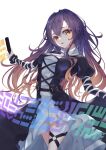  1girl bangs black_dress cross-laced_clothes dress eyebrows_visible_through_hair gradient_hair highres hijiri_byakuren holding holding_scroll juliet_sleeves layered_dress long_hair long_sleeves looking_at_viewer multicolored_hair open_mouth puffy_sleeves purple_hair red_eyes scroll simple_background solo sorcerer&#039;s_sutra_scroll standing touhou turtleneck_dress white_background white_dress yamanakaume 