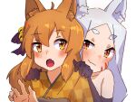 2girls ahoge animal_ear_fluff animal_ears bangs bell black_bow black_gloves blush bow brown_eyes brown_hair brown_kimono checkered checkered_kimono closed_mouth commentary_request elbow_gloves eyebrows_visible_through_hair facial_mark fang fang_out forehead fox_ears gloves hair_bell hair_between_eyes hair_bow hair_ornament hands_on_another&#039;s_shoulders hands_up highres japanese_clothes jingle_bell kimono kuro_kosyou multiple_girls parted_bangs red_eyes sewayaki_kitsune_no_senko-san shiro_(sewayaki_kitsune_no_senko-san) short_eyebrows silver_hair simple_background smile thick_eyebrows upper_body whisker_markings white_background 