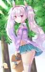  1girl absurdres animal_ears azur_lane bangs bird blurry chick cookie depth_of_field eyebrows_visible_through_hair fake_animal_ears food from_side hair_between_eyes hairband highres holding laffey_(azur_lane) laffey_(picnic_adventure?)_(azur_lane) long_hair long_sleeves looking_at_viewer looking_to_the_side manjuu_(azur_lane) nibosi panties picnic_basket rabbit_ears red_eyes sidelocks striped striped_panties tree tree_shade underwear white_hair wind 