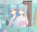  2others absurdres androgynous bangs bathroom blue_hair blush chinese_commentary ciel_(tensei_shitara_slime_datta_ken) closed_mouth comb commentary_request contemporary hair_between_eyes highres holding holding_comb holding_toothbrush indoors long_hair looking_at_viewer multiple_others orenji_(user_fknw7775) rimuru_tempest shirt short_sleeves smile tensei_shitara_slime_datta_ken toothbrush washing_machine white_shirt yellow_eyes 