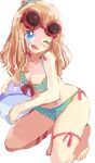  1girl ball beachball bikini blonde_hair blue_eyes breasts eyewear_on_head green_bikini highres no_shoes one_eye_closed open_mouth pokemon pokemon_(game) pokemon_xy ribbon serena_(pokemon) side-tie_bikini sketch suke_(sk_srn) sunglasses swimsuit 