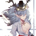  1girl bangs black_headwear blue_sky breasts brown_hair chin_strap chinese_commentary chromatic_aberration cleavage commentary_request hat highres horn_bell horns jewelry long_hair looking_at_viewer medium_breasts necklace onmyoji open_clothes open_shirt papa_(839171447) photoshop_(medium) pointy_ears shirt sky solo suzuka_gozen_(onmyoji) upper_body white_background white_shirt 