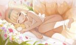  1girl animal animal_ear_fluff animal_ears arknights bandaged_leg bandages barefoot blonde_hair blue_hairband bottomless breasts cleavage commentary_request convenient_leg fang feet feet_out_of_frame flower fox fox_ears fox_girl fox_tail hairband half-closed_eye kitsune lying multicolored_hair naked_bandage on_side one_eye_closed open_mouth petals purple_flower red_flower small_breasts soles solo suzuran_(arknights) tail tears toes two-tone_hair white_flower white_hair yellow_eyes youtiao_zongzi 