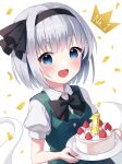  1girl bangs black_bow black_bowtie black_hairband blue_eyes blush bow bowtie breasts buttons cake commentary_request confetti crown_(symbol) dress eyebrows_visible_through_hair food ghost green_dress hair_between_eyes hairband hands_up konpaku_youmu konpaku_youmu_(ghost) looking_at_viewer medium_breasts numbered open_mouth puffy_short_sleeves puffy_sleeves shirt short_hair short_sleeves silver_hair smile solo suzuno_naru touhou white_background white_shirt white_sleeves 