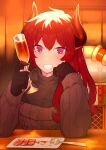  1girl absurdres alcohol bangs black_gloves black_shirt brown_sweater champagne champagne_flute commentary_request cup dola_(nijisanji) dragon_girl dragon_horns drinking_glass elbow_rest eyebrows_visible_through_hair food fork gloves grin hair_between_eyes hand_on_own_cheek hand_on_own_face hati105 head_rest highres holding holding_cup horns indoors jukebox long_hair looking_at_viewer meat nijisanji plate purple_eyes red_hair shirt smile solo sweater table virtual_youtuber 