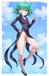  1girl :o absurdres black_dress black_footwear blue_sky breasts censored cloud commentary_request curly_hair day dress flying full_body green_eyes green_hair hand_on_hip heart heart_censor highres index_finger_raised legs looking_at_viewer mogudan no_panties one-punch_man shoes short_hair sky small_breasts solo tatsumaki thighs 