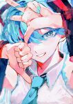  1girl arms_up bangs blue_eyes blue_hair blue_nails blue_necktie blush collared_shirt commentary hatsune_miku highres looking_at_viewer necktie open_mouth shirt sion001250 smile solo teeth thumbs_down upper_body vocaloid w 