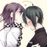  2boys ahoge bangs black_hair black_jacket blush brown_background checkered checkered_scarf closed_eyes danganronpa_(series) danganronpa_v3:_killing_harmony forehead_kiss from_side grey_jacket half-closed_eye jacket kiss male_focus multiple_boys ouma_kokichi parted_lips profile purple_hair saihara_shuuichi scarf short_hair smile sumika_(rrz03) sweatdrop teeth upper_body yaoi 