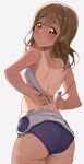  1girl :o adjusting_bra adjusting_clothes ass bare_arms bare_shoulders black_swimsuit blush bra breasts brown_hair clothes_pull commentary_request competition_swimsuit cowboy_shot from_behind highres hiroki_(yyqw7151) kunikida_hanamaru long_hair looking_at_viewer looking_back love_live! love_live!_sunshine!! one-piece_swimsuit one-piece_tan open_bra parted_lips simple_background small_breasts solo swimsuit swimsuit_pull tan tanlines underboob underwear undressing white_background white_bra yellow_eyes 