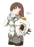  1girl aka_ringo black_legwear brown_eyes brown_hair buttons character_name collared_shirt commentary_request cosplay cropped_legs cup double-breasted drinking epaulettes grey_skirt hand_on_hip highres kantai_collection katori_(kancolle) katori_(kancolle)_(cosplay) kikumon long_hair military military_uniform mug necktie ooi_(kancolle) pantyhose pencil_skirt shirt simple_background skirt solo uniform white_background 