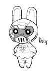  1girl :3 animal animal_crossing animal_ears blush_stickers character_name commentary crossover daisy_(doom) doom_(series) dress english_commentary flower_(symbol) full_body furry furry_female greyscale helmet monochrome pants rabbit_ears rabbit_girl simple_background solo standing star-rod white_background 