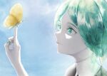  1other androgynous bug butterfly butterfly_on_hand closed_mouth commentary_request crystal_hair from_side green_eyes green_hair green_nails highres houseki_no_kuni phosphophyllite short_hair simple_background smile solo you_kuroki 
