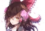  1girl bangs blush bow brown_eyes brown_hair chiroru_(cheese-roll) eyebrows_visible_through_hair flower frilled_bow frilled_shirt_collar frills hair_bow hair_flower hair_ornament hair_tubes hakurei_reimu hibiscus highres lips long_hair looking_at_viewer pink_flower red_bow simple_background solo touhou white_background 