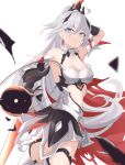  1girl absurdres armor armpits back bangs bare_shoulders beijiushui blue_eyes blurry blurry_foreground breasts cape cleavage closed_mouth earrings gauntlets hair_between_eyes hair_ornament highres holding holding_sword holding_weapon honkai_(series) honkai_impact_3rd jewelry kiana_kaslana kiana_kaslana_(herrscher_of_flamescion) long_hair looking_at_viewer over_shoulder ponytail simple_background sleeveless solo sword sword_over_shoulder torn_cape torn_clothes v-shaped_eyebrows weapon weapon_over_shoulder white_background white_hair 
