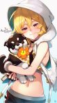  1girl alex_(dragalia_lost) animal anniversary bangs bare_arms bare_shoulders black_choker black_gloves blonde_hair blush choker closed_mouth copyright_name cowboy_shot dog dragalia_lost flower gloves gradient gradient_background hair_between_eyes hibiscus highres holding holding_animal holding_dog hood hood_up hooded_vest hoodie long_hair looking_at_viewer mouth_hold nakabayashi_zun navel orange_flower puppy red_eyes signature sleeveless smile solo vest white_background white_vest 
