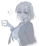  1girl ai-chan_(tawawa) blazer breasts cellphone commentary_request getsuyoubi_no_tawawa greyscale jacket large_breasts looking_at_viewer monochrome necktie open_mouth phone sagara_riri school_uniform simple_background sketch smartphone solo translation_request twitter_username upper_body white_background 