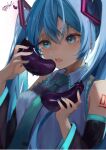  1girl absurdres aqua_eyes aqua_necktie bare_shoulders black_sleeves blue_hair blue_nails blue_shirt blush breasts collared_shirt commentary detached_sleeves eating eggplant english_text food hatsune_miku highres holding holding_food long_hair long_sleeves medium_breasts nail_polish necktie number_tattoo open_mouth shirt shoulder_tattoo simple_background solo tattoo twintails upper_body vegetable vocaloid white_background yukihira_makoto 