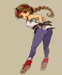  1girl :d ass braid breasts brown_eyes brown_hair commentary_request dougi fang fingerless_gloves full_body gloves happy headband long_hair looking_at_viewer looking_back mota open_mouth red_footwear red_headband ryuuko_no_ken shoes simple_background skin_fang smile sneakers solo the_king_of_fighters yuri_sakazaki 