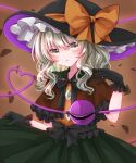 1girl alternate_costume bangs black_gloves bow brown_background commentary_request crystal eyebrows_visible_through_hair gloves green_eyes green_hair hair_between_eyes hand_up hat heart jaku_sono jewelry komeiji_koishi long_sleeves looking_away open_mouth solo third_eye touhou 