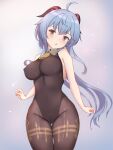  1girl absurdres ahoge bangs bell black_legwear blue_hair blush breasts commentary_request cover covered_navel covered_nipples cowboy_shot dae_(dog-of-maou) ganyu_(genshin_impact) genshin_impact gold_trim highres horns large_breasts leotard leotard_under_clothes long_hair looking_at_viewer neck_bell no_gloves open_mouth pointy_breasts sleeveless solo standing thigh_gap thighlet yellow_eyes 