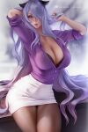  1girl alternate_costume arm_behind_head arms_up black_legwear black_panties breasts camilla_(fire_emblem) cleavage closed_mouth collared_shirt commentary cowboy_shot english_commentary eyebrows_visible_through_hair eyes_visible_through_hair fire_emblem fire_emblem_fates hair_over_one_eye hand_in_hair high-waist_skirt large_breasts long_hair looking_at_viewer office_lady olchas panties pantyhose pantyshot partially_unbuttoned patreon_logo patreon_username pencil_skirt purple_eyes purple_hair purple_shirt shirt shirt_tucked_in sitting skirt smile solo thighs underwear upskirt very_long_hair white_shirt 