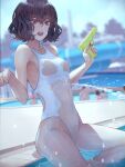  1girl bangs black_eyes black_hair breasts commentary competition_swimsuit highres holding holding_water_gun kaoming nanjou_ao navel one-piece_swimsuit open_mouth original poolside see-through short_hair sitting solo_focus swimsuit teeth water water_gun white_swimsuit 