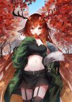  1girl absurdres animal_ears antlers autumn autumn_leaves black_skirt braid commentary_request dentaku_music fur_collar garter_straps green_jacket highres jacket long_hair looking_at_viewer midriff open_clothes open_jacket original side_braid skirt solo thighhighs yellow_eyes 