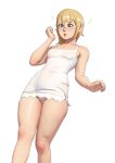  1girl ? bare_legs bare_shoulders blonde_hair blue_eyes blush dress from_below highres john_doe kingdom_hearts lips namine open_mouth panties pantyshot short_dress short_hair solo sweat underwear white_background white_dress white_panties 