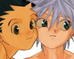  2boys bangs black_hair blue_eyes cheek-to-cheek closed_mouth commentary face gon_freecss green_eyes hair_between_eyes heads_together highres hunter_x_hunter killua_zoldyck looking_to_the_side male_focus multiple_boys portrait silver_hair simple_background toripippi_7 white_background 