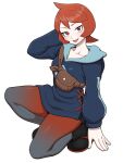  1girl arezu_(pokemon) bangs black_footwear blue_jacket boots brown_bag collarbone gradient gradient_legwear highres hood hooded_jacket jacket long_sleeves looking_at_viewer nutkingcall orange_hair pantyhose pokemon pokemon_(game) pokemon_legends:_arceus red_eyes short_hair simple_background solo tongue tongue_out white_background 