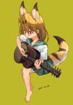  1girl acoustic_guitar alternate_costume animal_ears bare_legs barefoot blonde_hair cat_ears cat_girl cat_tail collar commentary_request extra_ears eyebrows_visible_through_hair green_collar green_skirt guitar highres instrument kemono_friends music nanana_(nanana_iz) neck_ribbon playing_instrument pleated_skirt red_ribbon ribbon sailor_collar school_uniform serafuku serval_(kemono_friends) shirt short_hair short_sleeves skirt solo tail white_shirt 