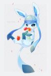 alopias blush commentary_request dated flower glaceon green_eyes holding holding_flower no_humans orange_flower petals pokemon pokemon_(creature) red_flower solo 