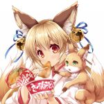  1girl animal_ear_fluff animal_ears bell blonde_hair blush chopsticks commentary_request eating eyebrows_visible_through_hair fox fox_ears fox_girl fox_tail green_eyes hair_bell hair_between_eyes hair_ornament highres holding holding_chopsticks japanese_clothes jingle_bell kimono kitsune_udon looking_at_viewer miko minase_(dragon_panda) original red_eyes simple_background tail white_background white_kimono 