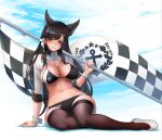  1girl animal_ears atago_(azur_lane) atago_(stunning_speedster)_(azur_lane) azur_lane black_bra black_panties blue_sky bra breasts checkered checkered_flag cloud cloudy_sky flag fox_ears highres kangaruu_(momotk1109) large_breasts long_hair midriff mole mole_under_eye navel official_alternate_costume on_floor panties race_queen sitting sky stomach swimsuit thighhighs thighs underwear very_long_hair white_footwear wrist_cuffs yellow_eyes 