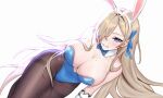  1girl animal_ears asuna_(blue_archive) bangs bare_shoulders black_legwear blue_archive blue_bow blue_bowtie blue_eyes blue_leotard blue_ribbon blush bow bowtie breasts cleavage commentary_request covered_nipples detached_collar elbow_gloves fake_animal_ears gloves grin hair_over_one_eye hair_ribbon highres large_breasts leotard light_brown_hair long_hair looking_at_viewer lying mole mole_on_breast on_side pantyhose parted_lips playboy_bunny rabbit_ears ribbon simple_background siun smile solo teeth thighs very_long_hair white_background white_gloves 
