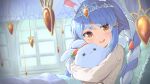 1girl :d =_= animal_ear_fluff animal_ears blue_hair blurry blurry_background braid brown_eyes bunny-shaped_pupils closed_eyes commentary_request depth_of_field don-chan_(usada_pekora) eyebrows_behind_hair frilled_pillow frills highres hololive hug indoors long_sleeves looking_at_viewer low_twintails multicolored_hair nano_(mianhua_maoqiu) nousagi_(usada_pekora) open_mouth pillow rabbit_ears shirt short_eyebrows smile symbol-shaped_pupils thick_eyebrows tiara twin_braids twintails two-tone_hair under_covers usada_pekora virtual_youtuber white_hair white_shirt 