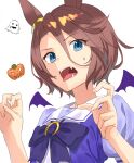  1girl absurdres animal_ears bat_wings blue_eyes bow bowtie brown_hair commentary_request ear_ornament fangs ghost halloween highres hira_(hinakomochi) horse_ears horse_girl horseshoe_ornament jack-o&#039;-lantern looking_at_viewer narita_taishin_(umamusume) open_mouth puffy_short_sleeves puffy_sleeves pumpkin purple_bow purple_bowtie purple_shirt sailor_collar sailor_shirt school_uniform serafuku shirt short_hair short_sleeves simple_background solo summer_uniform sweatdrop tongue tongue_out tracen_school_uniform umamusume upper_body white_background wings 
