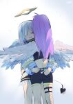  amane_kanata angel angel_wings bangs blue_hair colored_inner_hair demon_girl demon_tail feathered_wings fishnet_legwear fishnets halo highres hololive hug kamejikiriga long_hair multicolored_hair multiple_girls piercing purple_hair short_hair silver_hair single_thighhigh skirt tail tail_ornament tail_piercing thighhighs tokoyami_towa virtual_youtuber wings yuri 