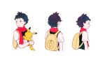  1boy backpack bag black_hair blush closed_mouth commentary_request grey_eyes holding holding_pokemon lucas_(pokemon) male_focus memi_(gamemix) no_hat no_headwear pikachu pokemon pokemon_(creature) pokemon_(game) pokemon_dppt red_scarf scarf short_hair short_sleeves simple_background smile upper_body white_background yellow_bag 